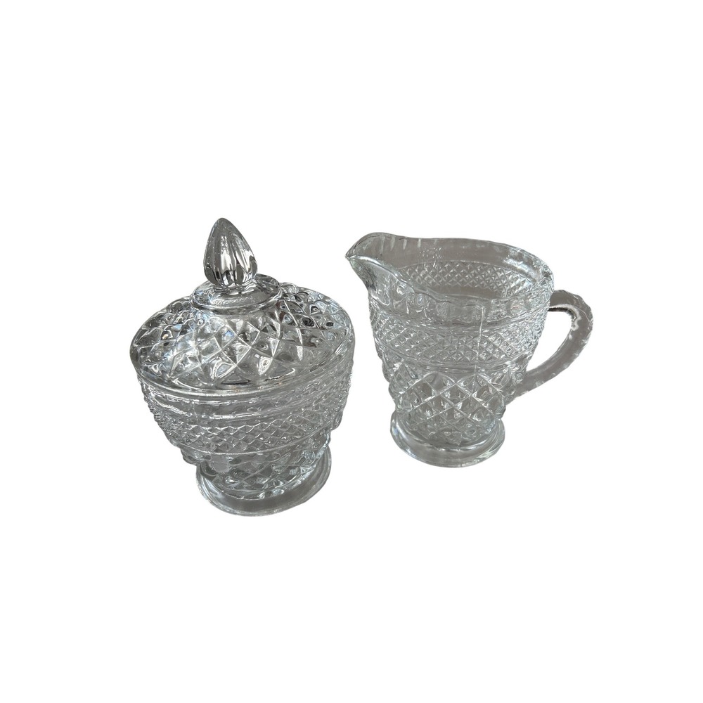 Vintage‎ Crystal Glass Sugar Bowl with Lid and Creamer Pitcher Set Wexford
